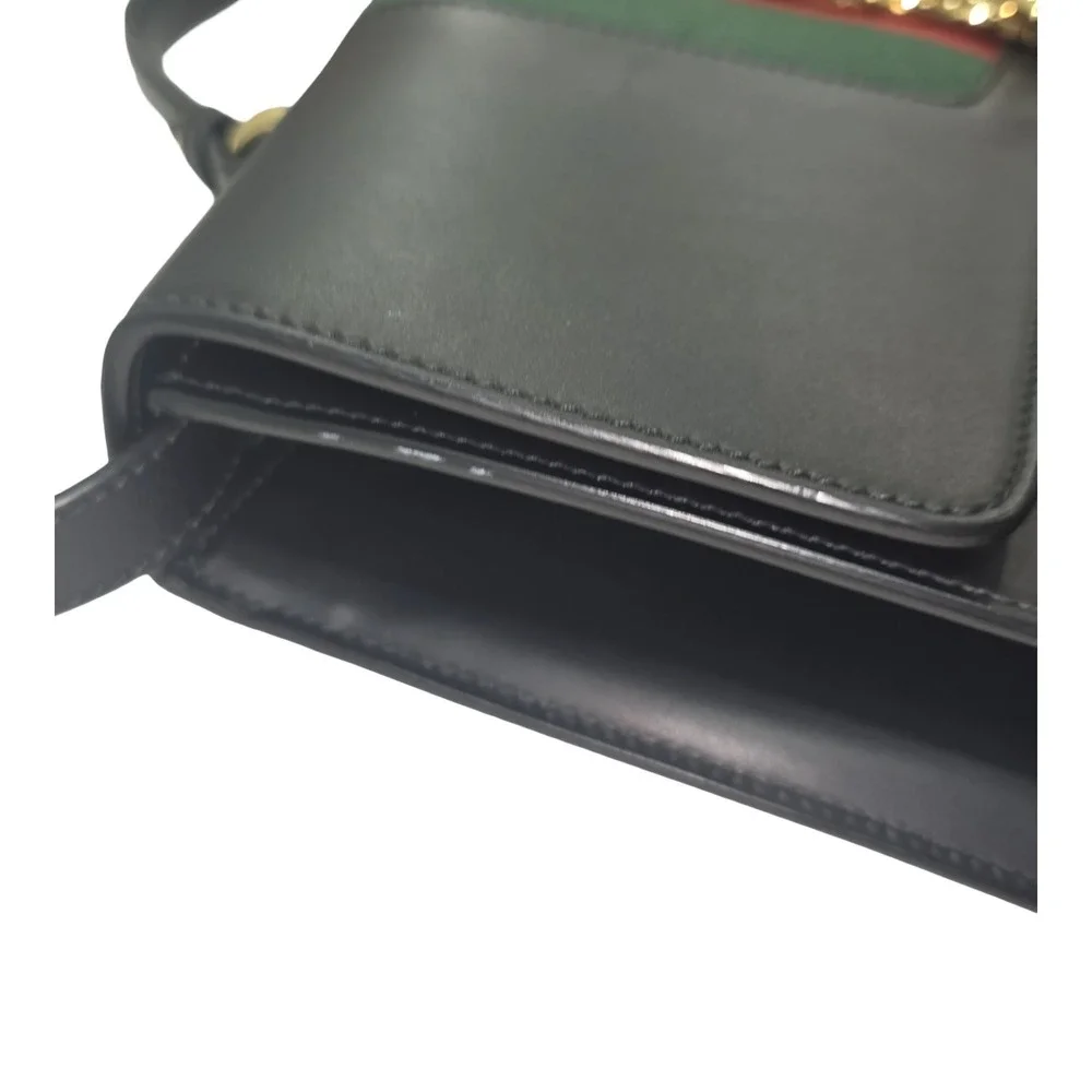 Gucci Sylvie 1969 leather handbag Maxi Size Black Striped Red Green Gold Chain